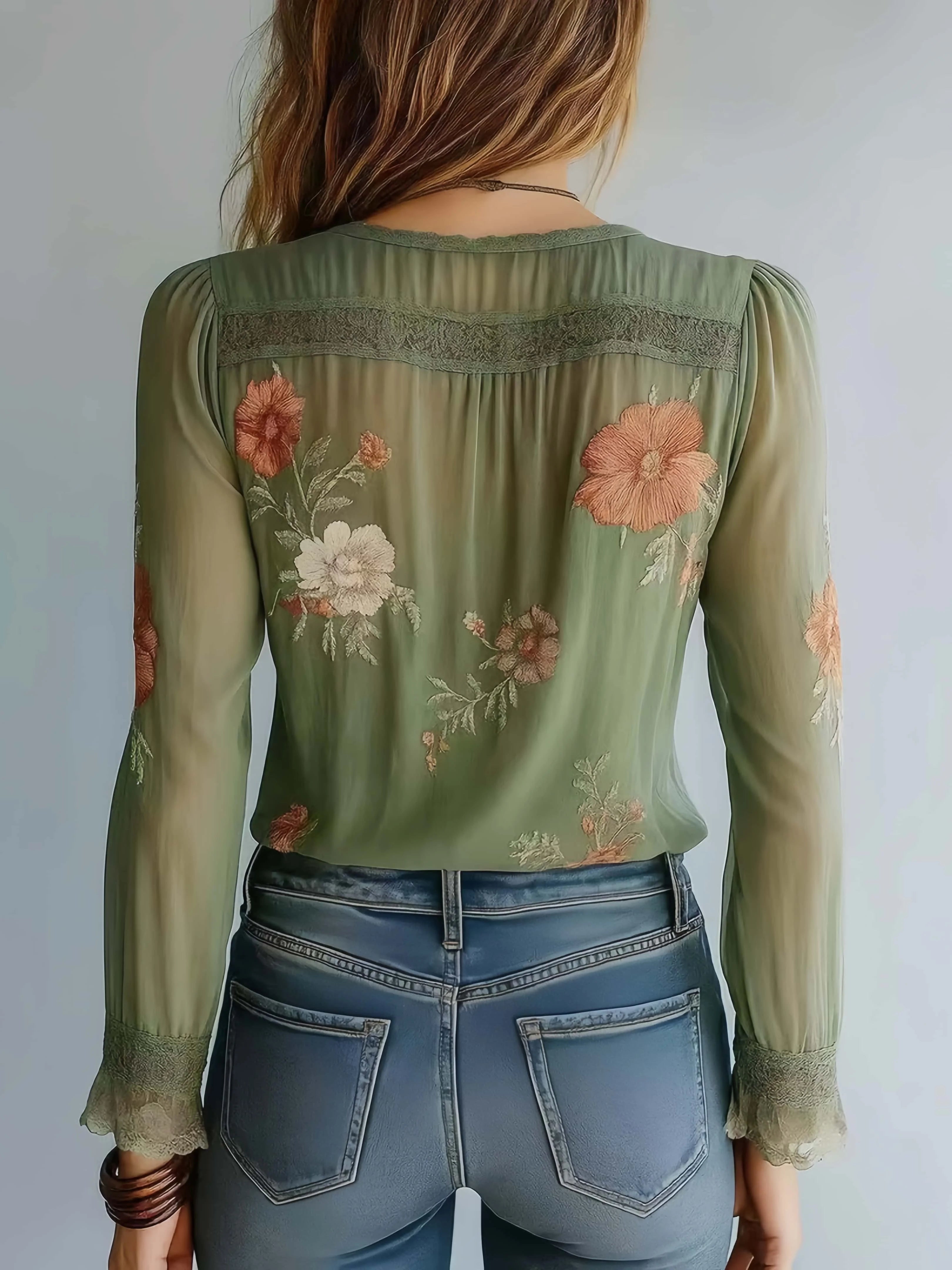 Women's Lace Printed Shirt Boho Floral Green Embroidered Deep V Neck Blouse Top