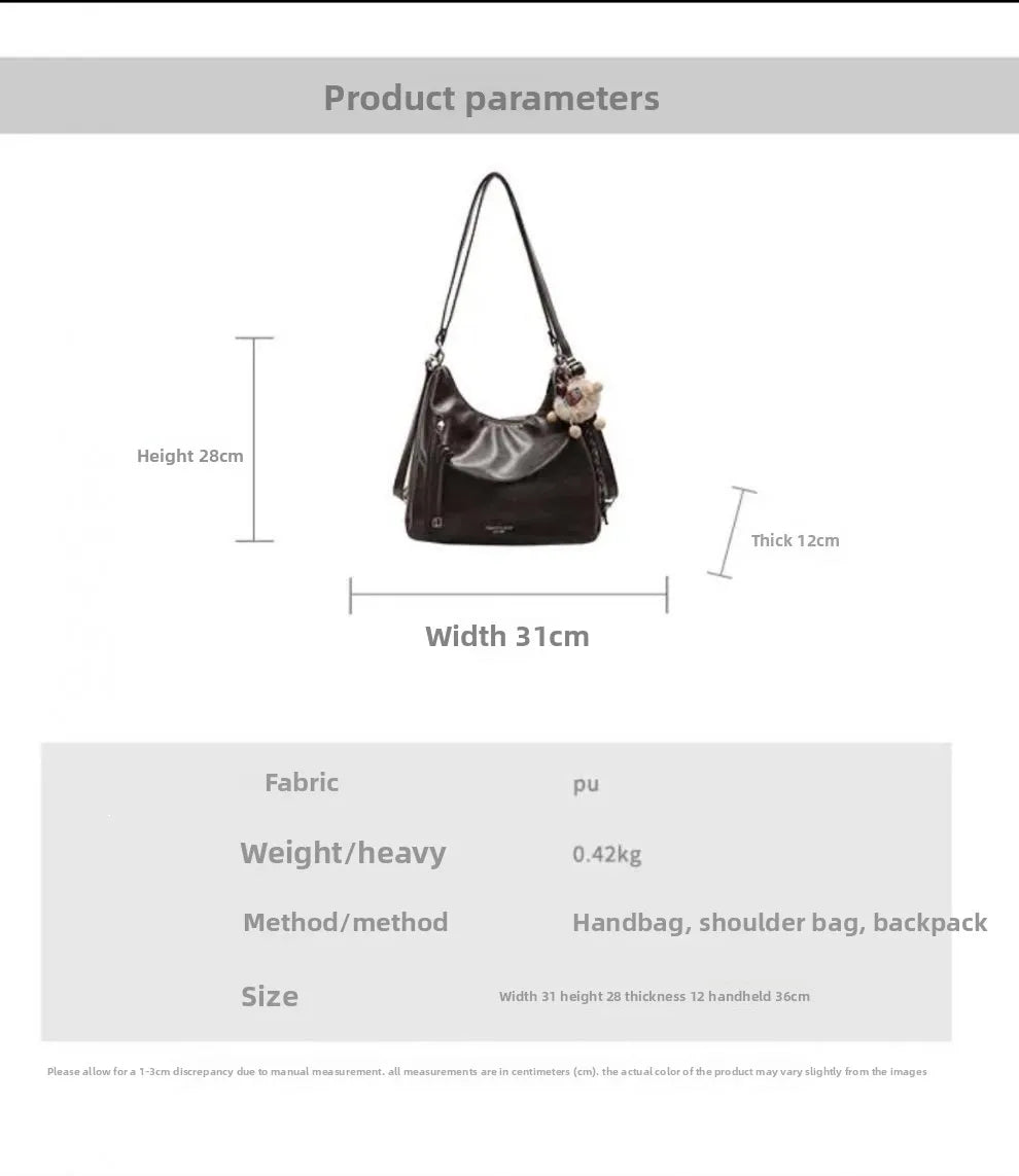 Women's Large Shoulder Bags Pu Leather Black Outer Zip Pocket Casual Handbag