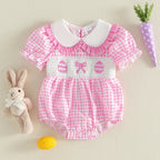 Baby Girls Easter Romper Plaid Print Bow Egg Embroidery Short Sleeve Doll Collar Jumpsuit