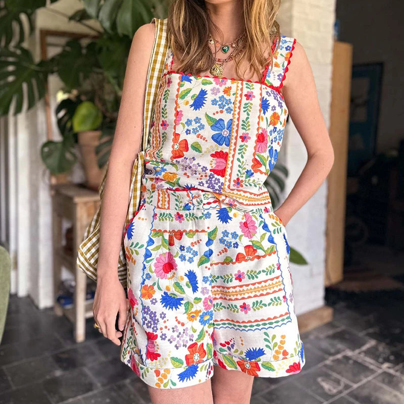 Women's Summer Outfit Set Floral Cami Lace Trim Strappy Top and Shorts 2 Pcs