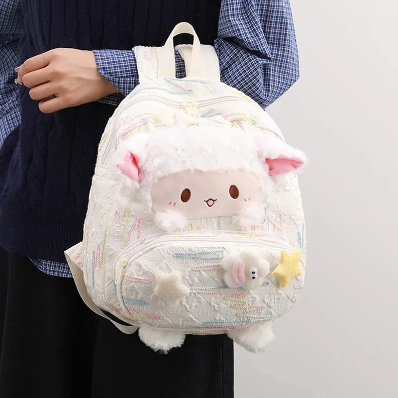 Plush Sheep Backpack White Cute Soft Small Children Cartoon Zipper Shoulder Bag