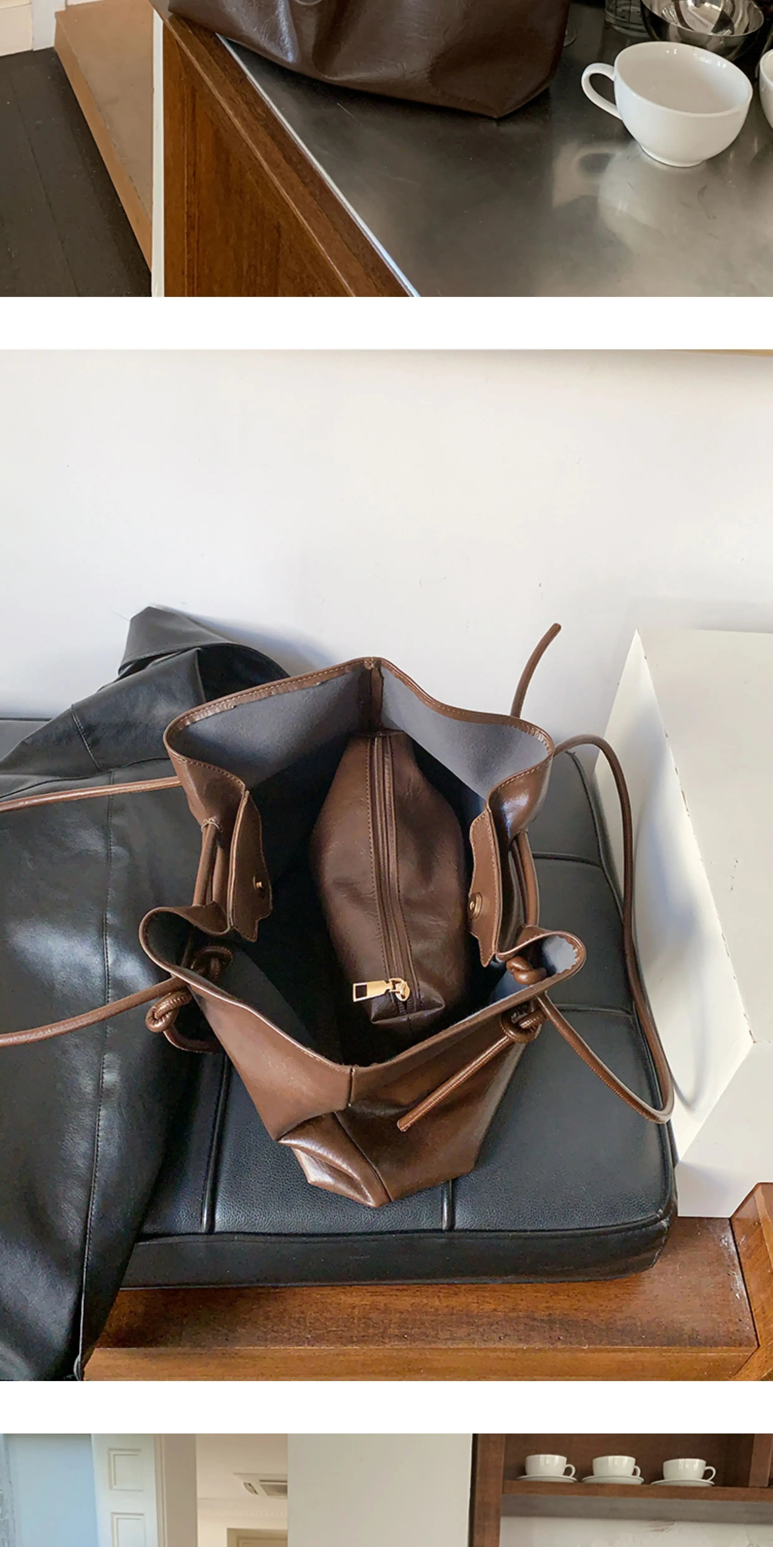 Drawstring Pleated PU Leather Shoulder Bags Women's Large  Casual Daily Handbag