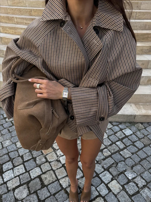 Women's Jacket Polyester Plaid Loose Stand Collar Full-Zip Full-Sleeve Casual Autumn Outerwear