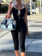 Damen Träger Capri Jumpsuits Mode Streetwear Sexy Elegant Schwarze Spitze Krawatte