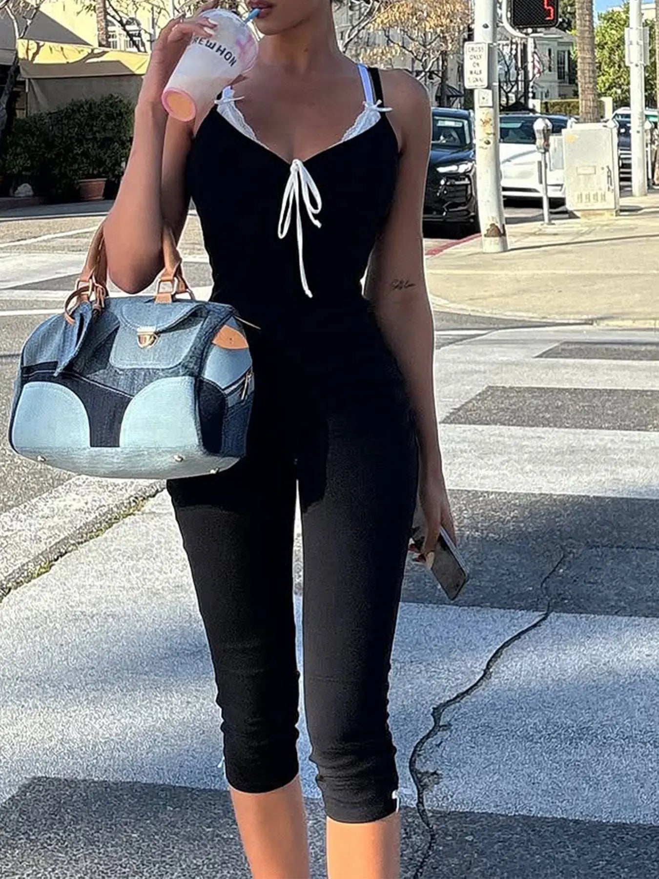 Women Sling Capri Jumpsuits Fashion Streetwear Sexy Elegant Black Lace Trim Tie