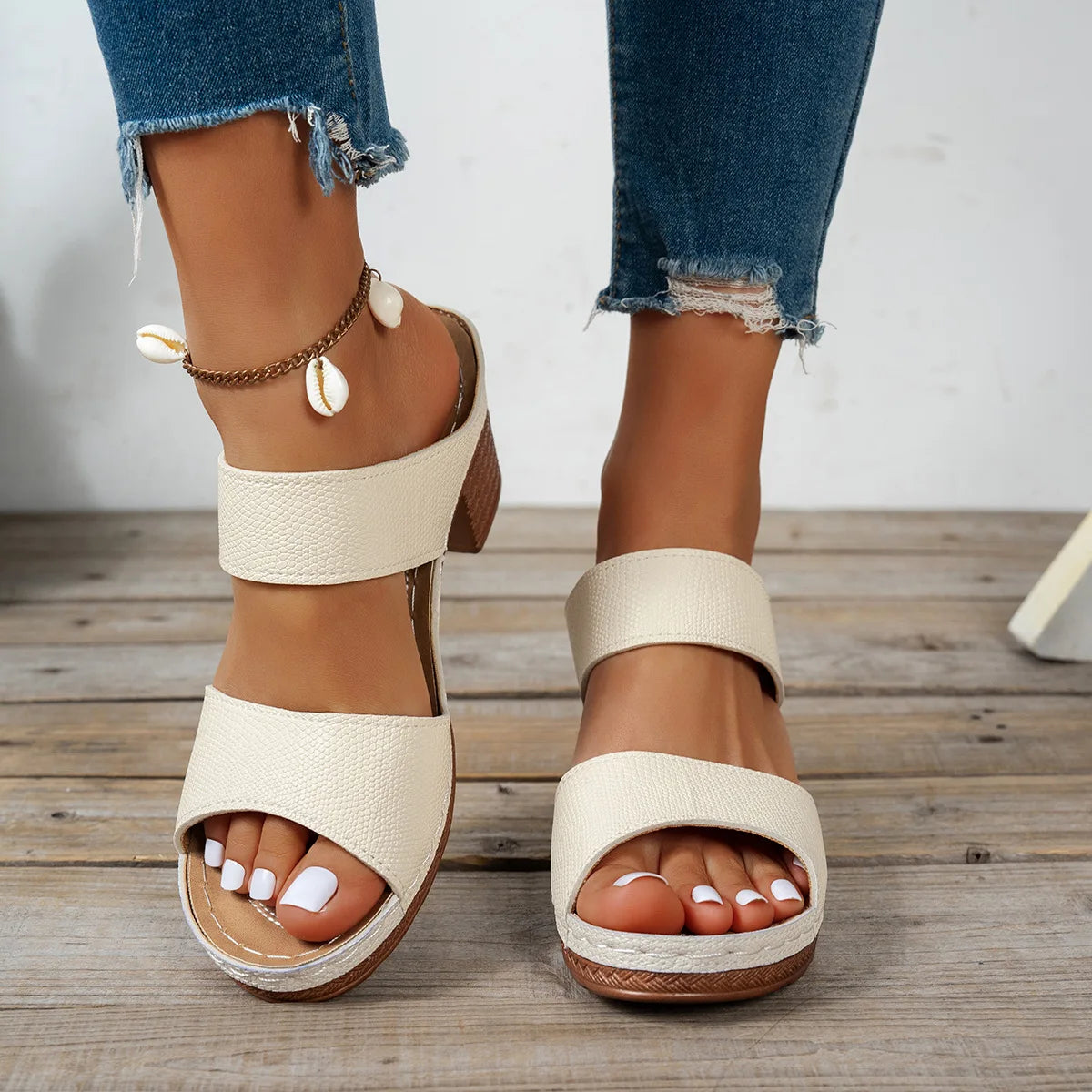 Open-Toe High Heel Slippers Women's Block Heel Sandals with Mid-Heel Height
