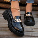 Women’s Patent Leather Shoes Classic Chain Design Chunky Loafers with Mid Heels