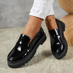 Woman Black Patent Leather Loafers Non-slip Platform Casual Shoes for Daily Wear