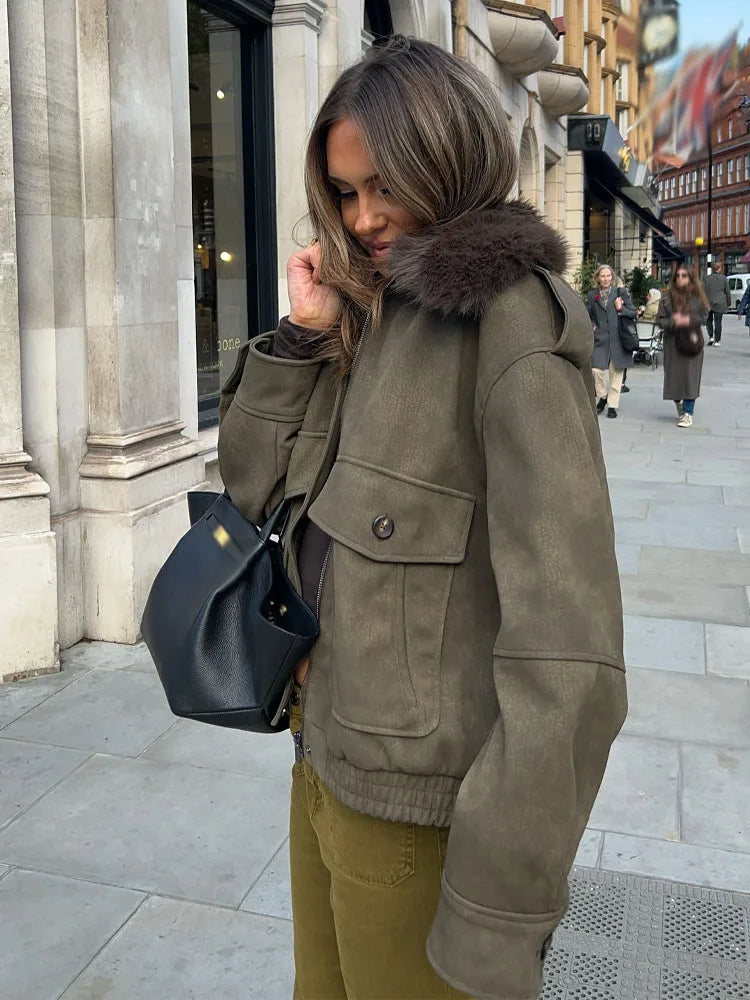Women's  Faux Fur Collared Zip-Up Jacket with Pockets