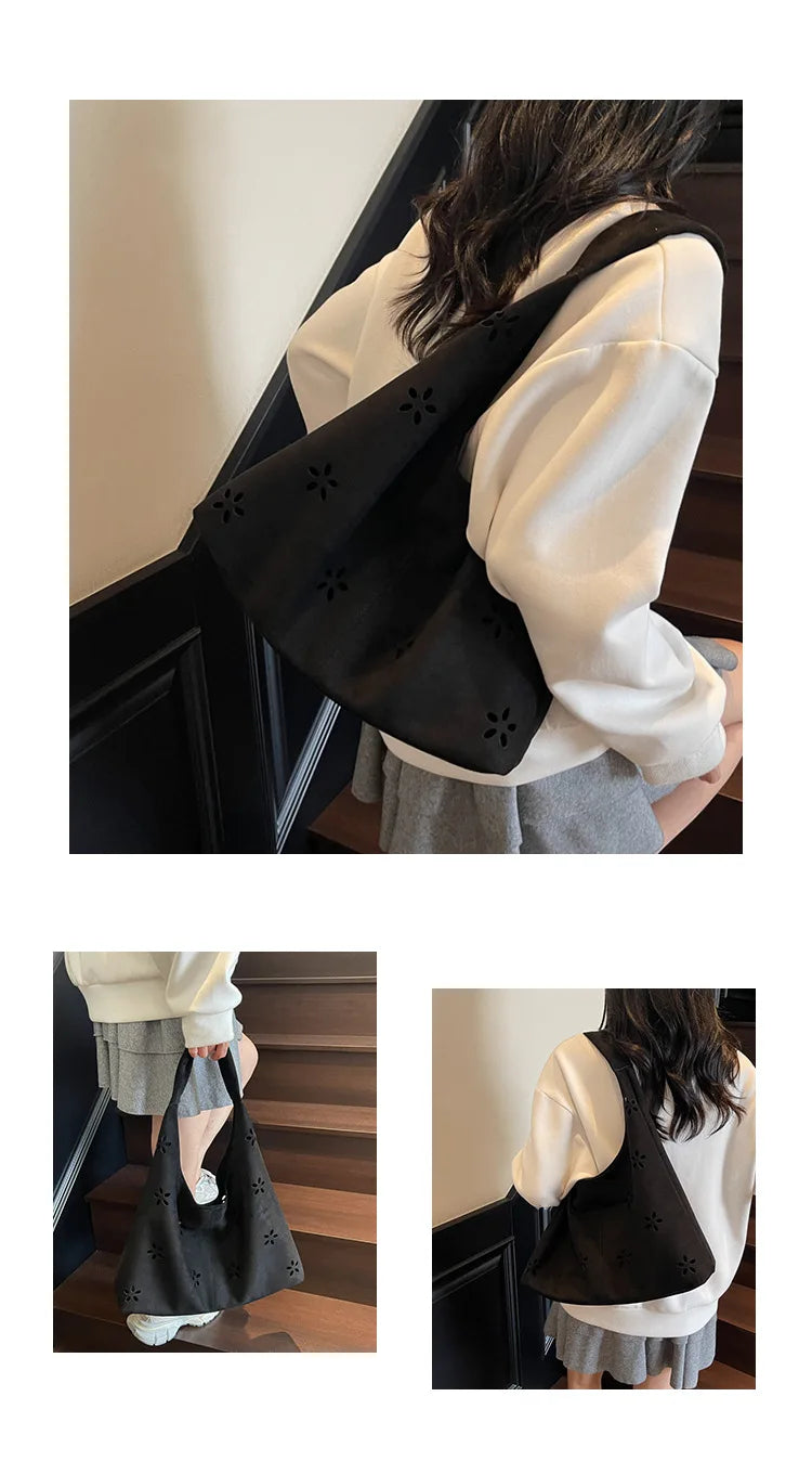 Women's Suede Shoulder Bag Floral Cutout Large Casual Handbags 2 in 1 Purses