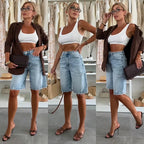 Women Distressed Denim Capris Loose Casual Urban Street Style Raw Hem High Waist