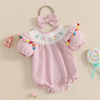 Baby Girl Birthday Romper Cupcake Embroidery Plush Ball Ruffle Short Sleeve Bodysuit