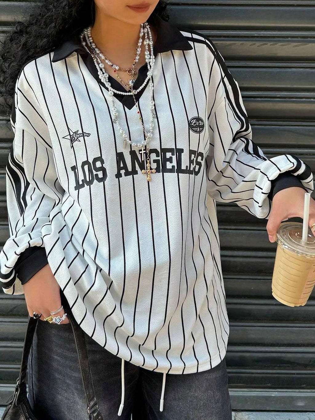 Women's Oversized Top Los Angeles Striped White Black Retro American Long Sleeve