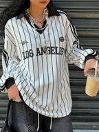 Women's Oversized Top Los Angeles Striped White Black Retro American Long Sleeve