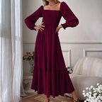 Midi Dresses Women's Square Neck Smocked Tiered Long Sleeve Ruffle High Waist