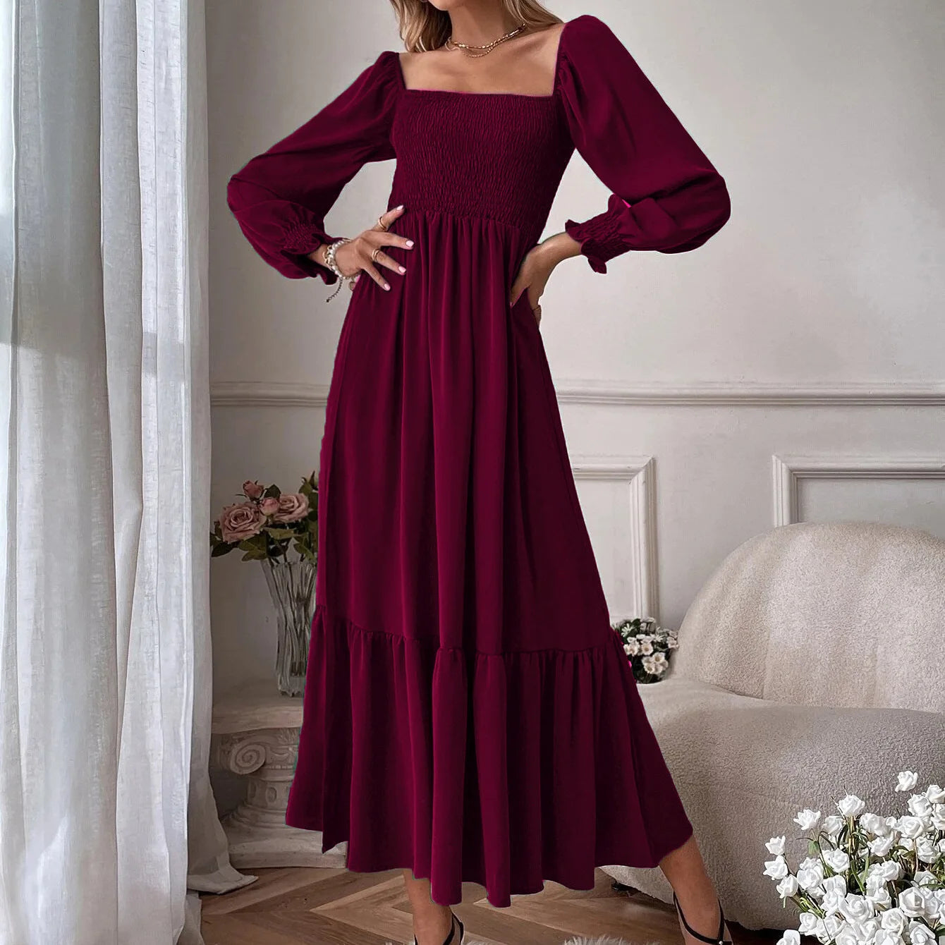 Midi Dresses Women's Square Neck Smocked Tiered Long Sleeve Ruffle High Waist