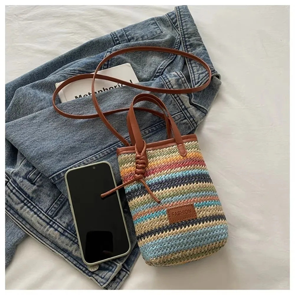 Straw Woven Mini Crossbody Bag Colrorful Striped Boho Casual Beach Zip Purse