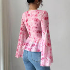 Mesh Red Rose Floral Print Chiffon Blouse V-Neck Bow Ruffle Trumpet Sleeves Top