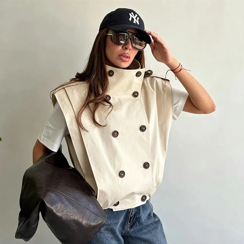 Casual Chic Women Tank Vest Top Stand Collar Double Breasted Sleeveless Top Fashion