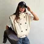 Casual Chic Women Tank Vest Top Stand Collar Double Breasted Sleeveless Top Fashion