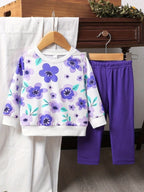 Girl's Outfit Set White Sweatshirt Floral Print Long Sleeve Top and Purple Leggings