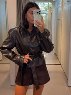 Women's Faux Leather Casual Fashion Jacket Belted Stand-Collar Button-Front Coat