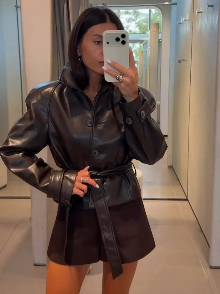 Women's Faux Leather Casual Fashion Jacket Belted Stand-Collar Button-Front Coat