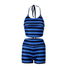 Sporty Women's Set Blue Striped Halter Neck Two-Piece Set with Top and Shorts