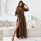 Leopard Maxi Dress Cold Shoulder Strap Sexy Side Slit Flowy Elegant Summer Dress