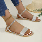 Rhinestone Women's Sandals Ankle Strap Pu Leather Open Toe Summer Flats