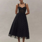 Black Midi Party Dress Polka Dot Tulle Mesh Sheer Sleeveless Ruffle High Waisted