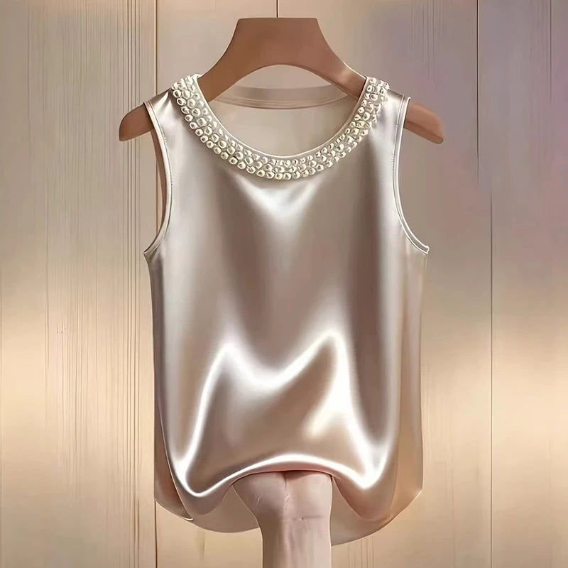 Elegant Satin Women Tank Top Pearl Bead Round Neck Blouse Sleeveless Basic Tee