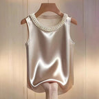Elegant Satin Women Tank Top Pearl Bead Round Neck Blouse Sleeveless Basic Tee