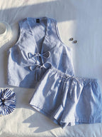 Summer Outfit Set Blue Striped Tie-Front Sleevless Vest and Shorts Casual 2 Pcs