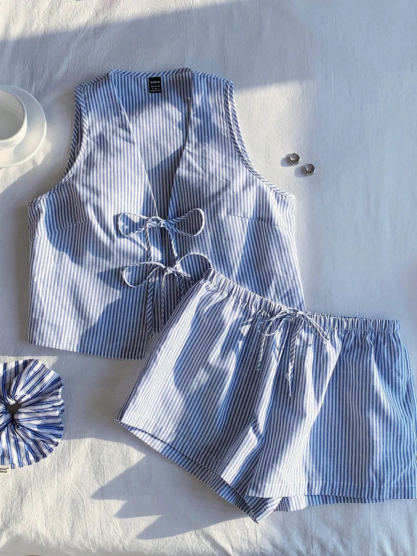 Summer Outfit Set Blue Striped Tie-Front Sleevless Vest and Shorts Casual 2 Pcs