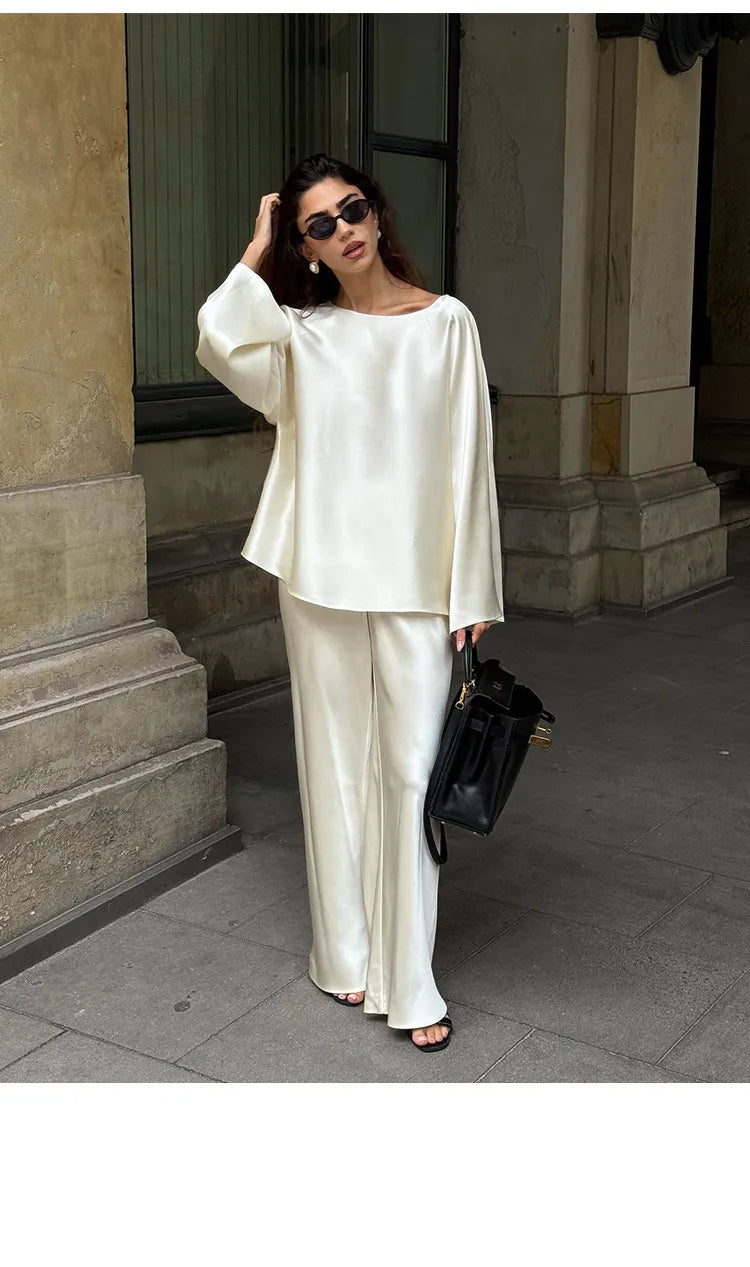 Silky Smooth Glossy Outfit Cream Long Sleeve Top Wide Leg Pants Elegant Fashion