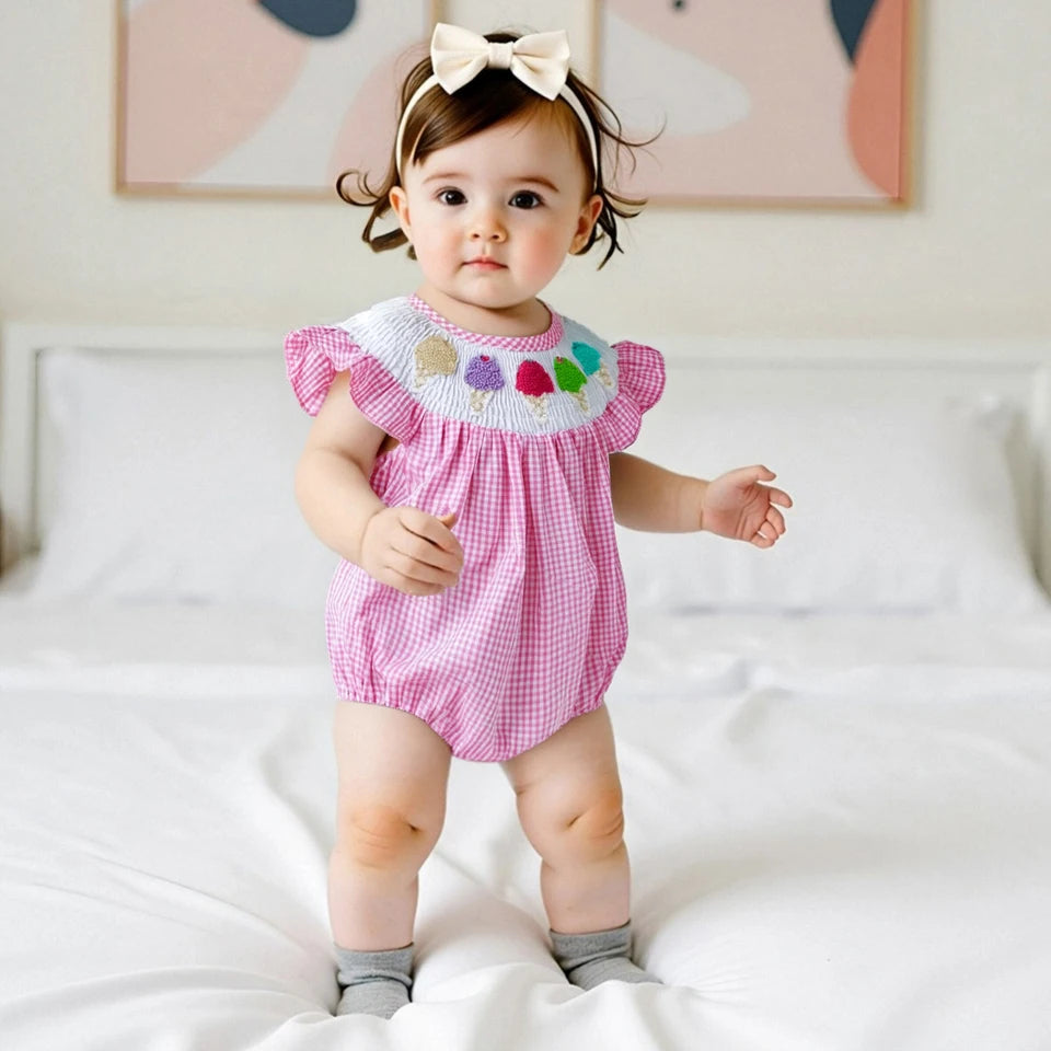 Baby Girls Rompers Ice Cream Embroidery Plaid Stripe Round Neck Fly Sleeve 0-18M