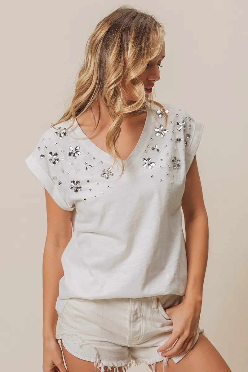 BiBi Cotton T-shirt Slub Jersey Rhinestone Flowers Beaded V Neck Top 2a023ffb68a845feb09f9d300a896494-Max-Origin Trendsi