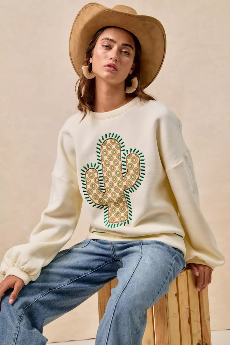 BiBi Womens Sweatshirt Cactus Embroidered Cream Fleece Pullover 2a190b5009474bddb6b16271bec04839-Max-Origin Trendsi