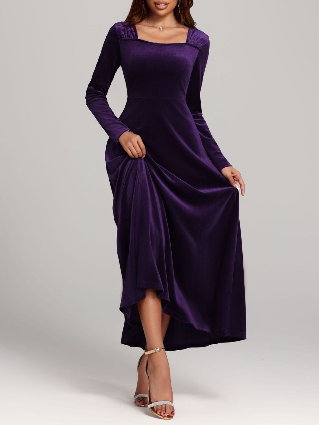 Velvet Midi Dress Square Neck Long Sleeve Women Solid Party Dress 2a1a7d65-28a8-4d7b-9a07-5e34d6a969c8-Max Trendsi