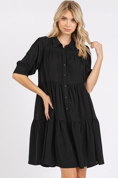 Mittoshop Shirt Dress Black Ruffled Collared Neck Tiered Short Sleeve Black 2a21abab-7395-4f54-9114-06110679f0f1-Min Trendsi