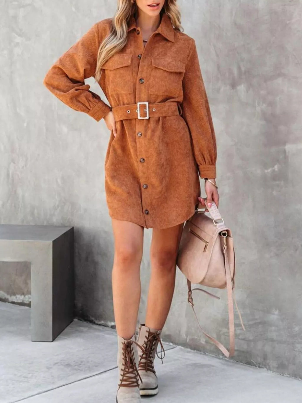 Corduroy Mini Shirt Dress Button Front Belt Long Sleeve 2a23c49f-39ec-4354-84de-2943e5fc0199-Max-Origin Trendsi