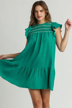 Umgee Mini Dress Ruffle Jade Green Smocked Contrast Stitching Short Sleeve JADE GREEN 2a329e08-6c45-4b78-b265-a2eb70ddd5e7-Max Trendsi