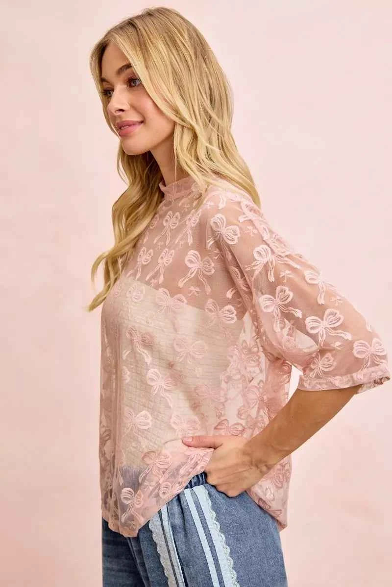 BiBi Bow Pattern Short Sleeves Boxy Mesh Top