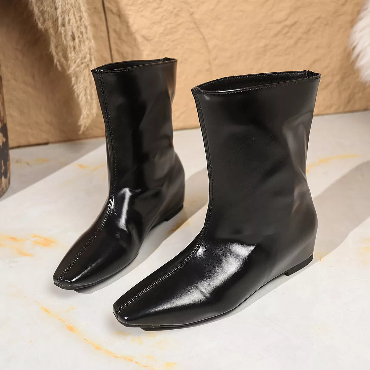 Women's Boots Pu Leather Point Toe Mid Heels Shoes Black 2a33d168ac804f3cb0b1db96d9ce2ffe-Max-Origin Trendsi