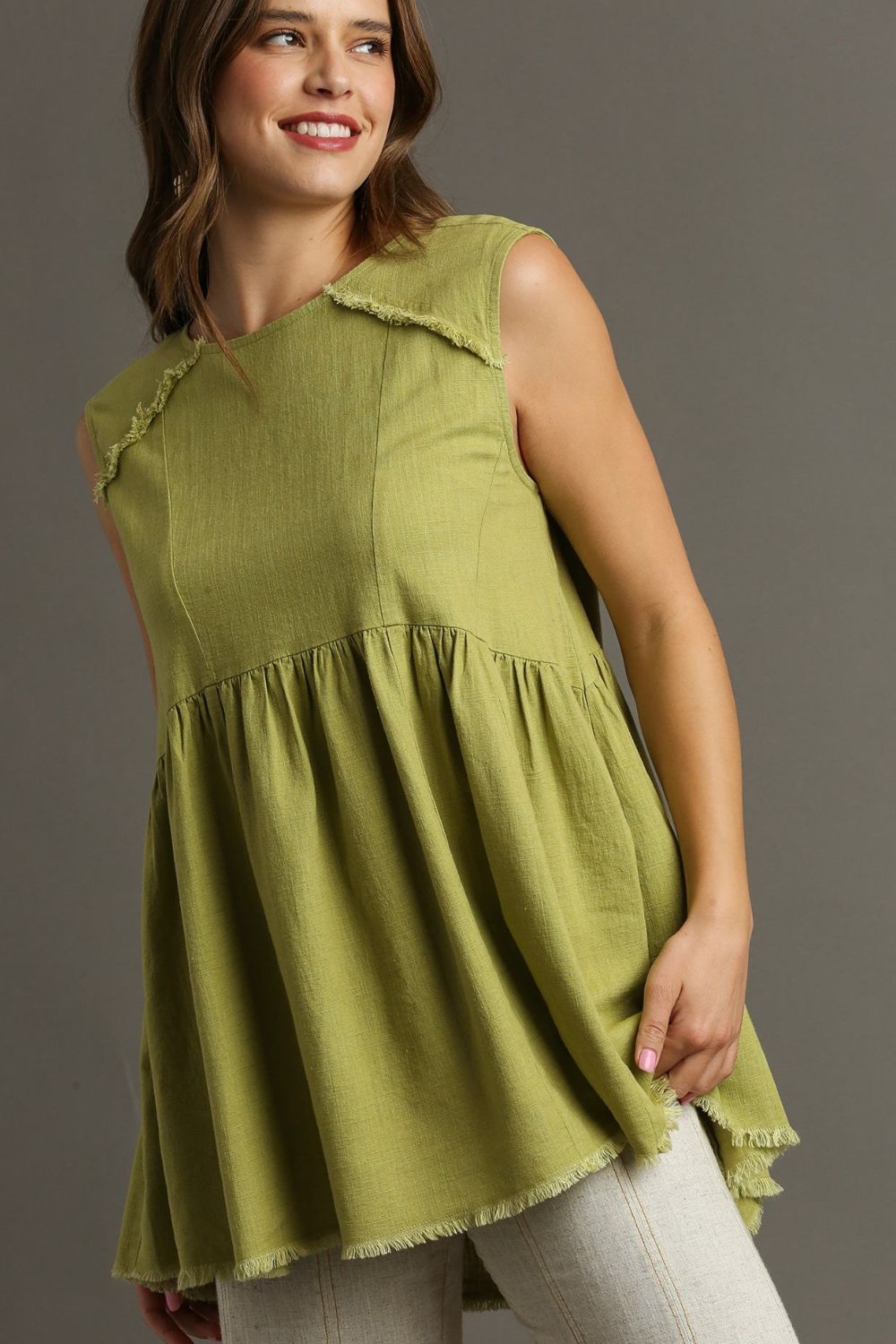Umgee Linen Top Raw Hem Round Neck Sleeveless Yellow-Green Blouse Yellow-Green 2a36bf0c-bfd9-44a0-908b-aaec104c2f10-Max Trendsi