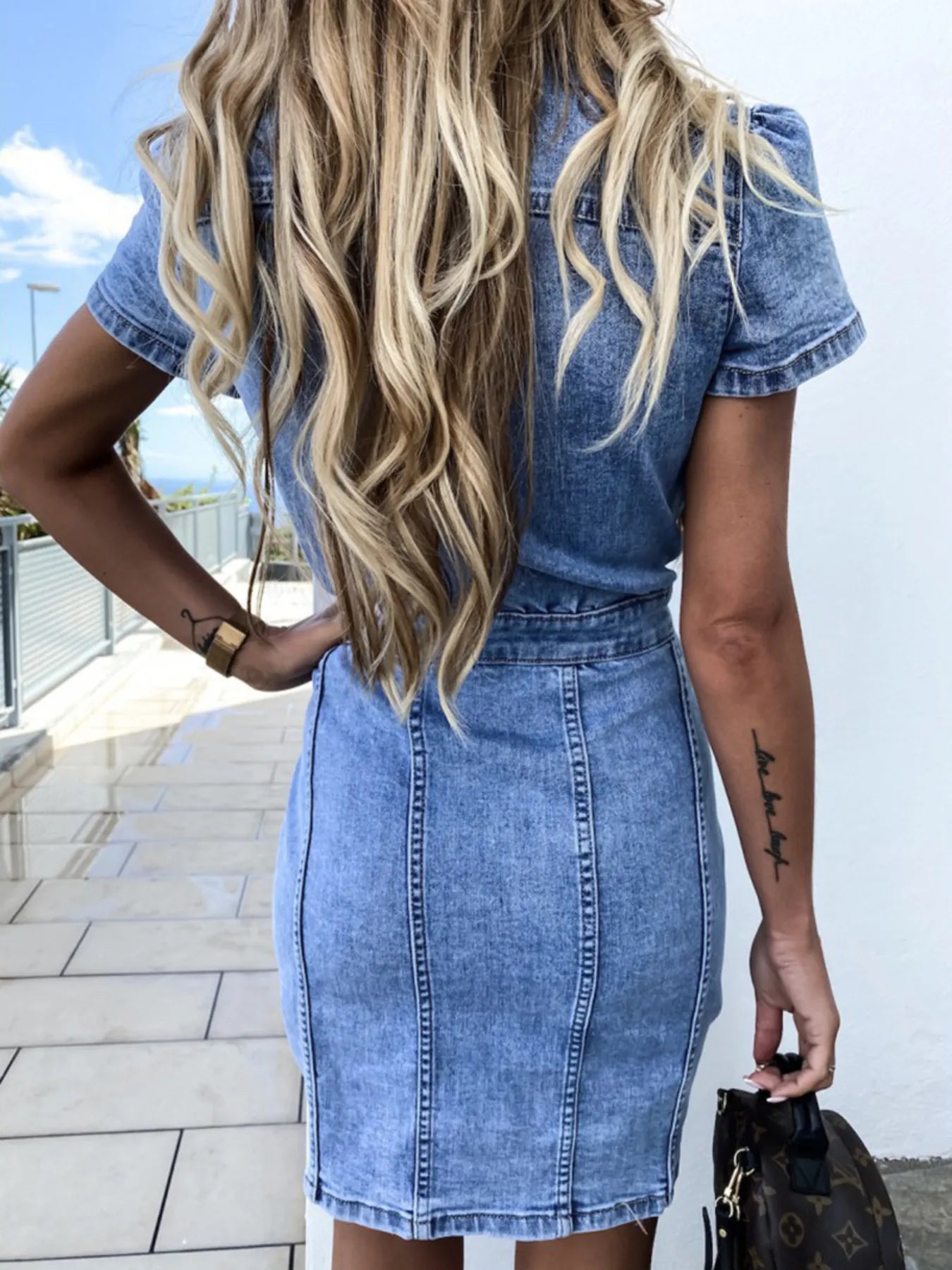 Denim Mini Shirt Dress Button Front Short Sleeve Slimming Medium Wash 2a38de20642b4ea2827ead3a95e4a1fb-Max-Origin Trendsi