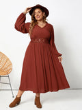 Plus Size Lace-Detail V-Neck Dress with Balloon Sleeves