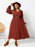 Plus Size Lace-Detail V-Neck Dress with Balloon Sleeves