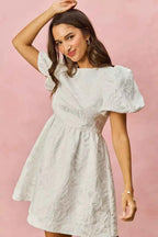 SO ME Jacquard Mini Dress White Floral Bubble Shorts Sleeves 2a4966304ed54f5f8d8c80785b0e2cf4-Max-Origin Trendsi